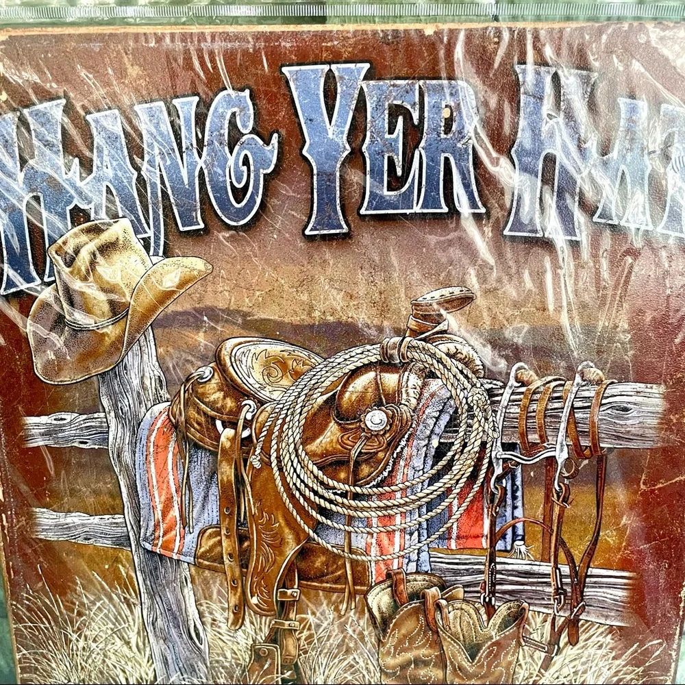 NEW Hang Yer Hat At Our Place Cowboy Metal Sign